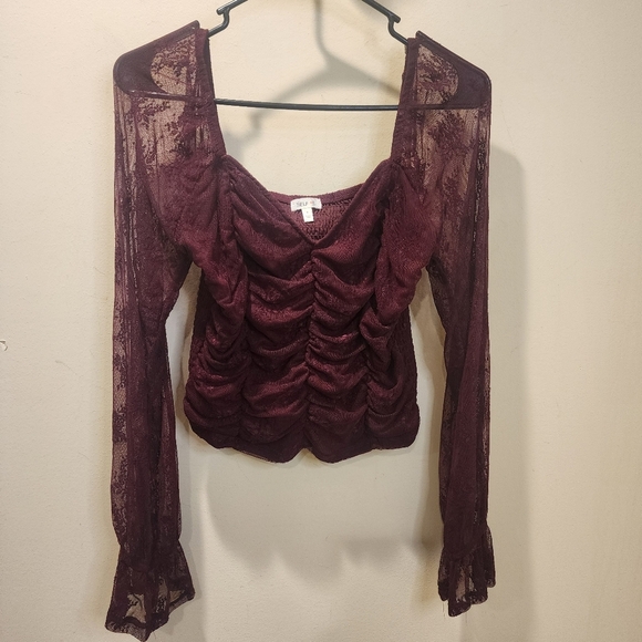 SELF E Red Burgundy Long Sleeves Lace Rush Blouse size S - Picture 6 of 11